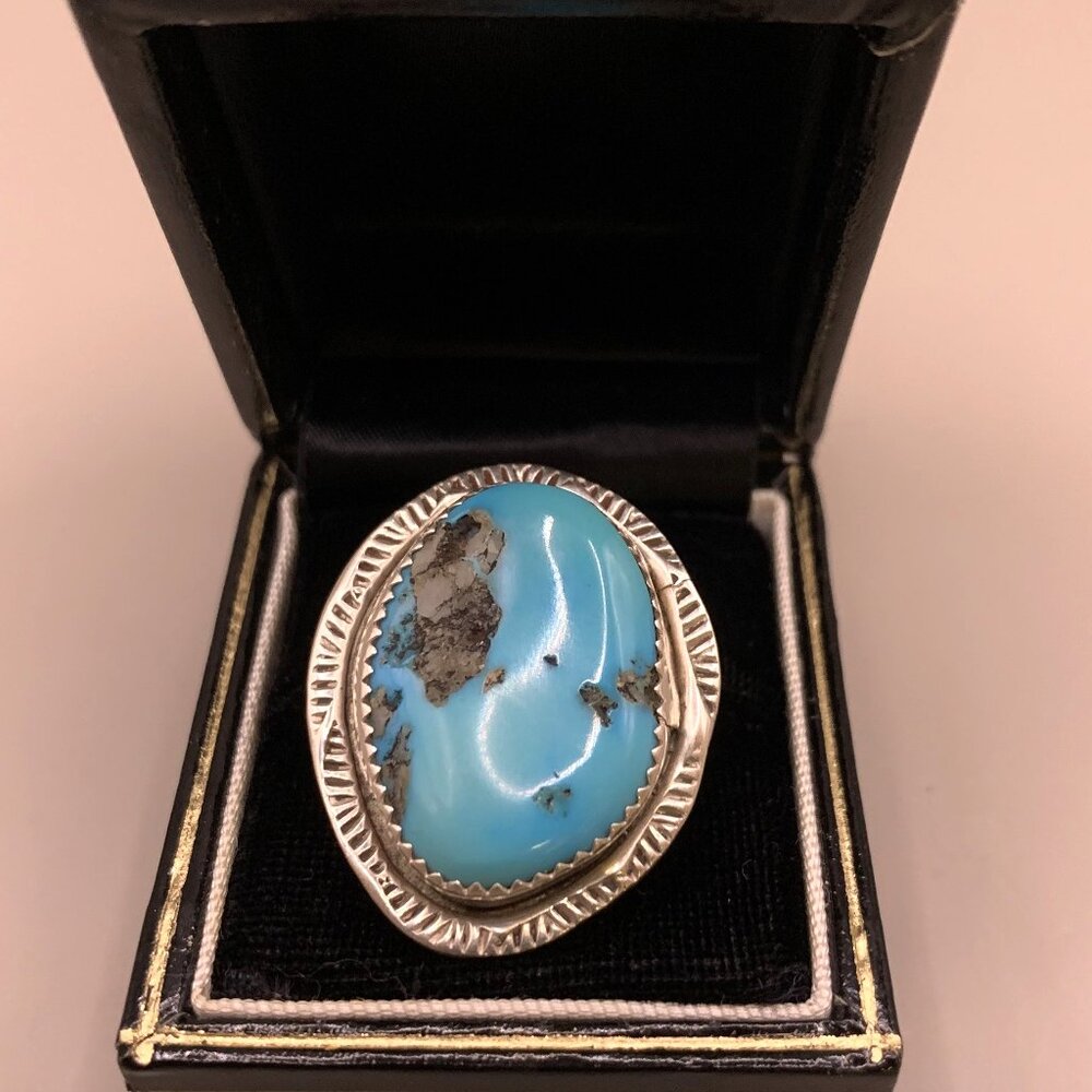 Navajo Native American Indian Made Kingsman Turquoise Sterling Silver Ring 6.5